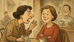 Banc: Două femei la cafea, despre soț